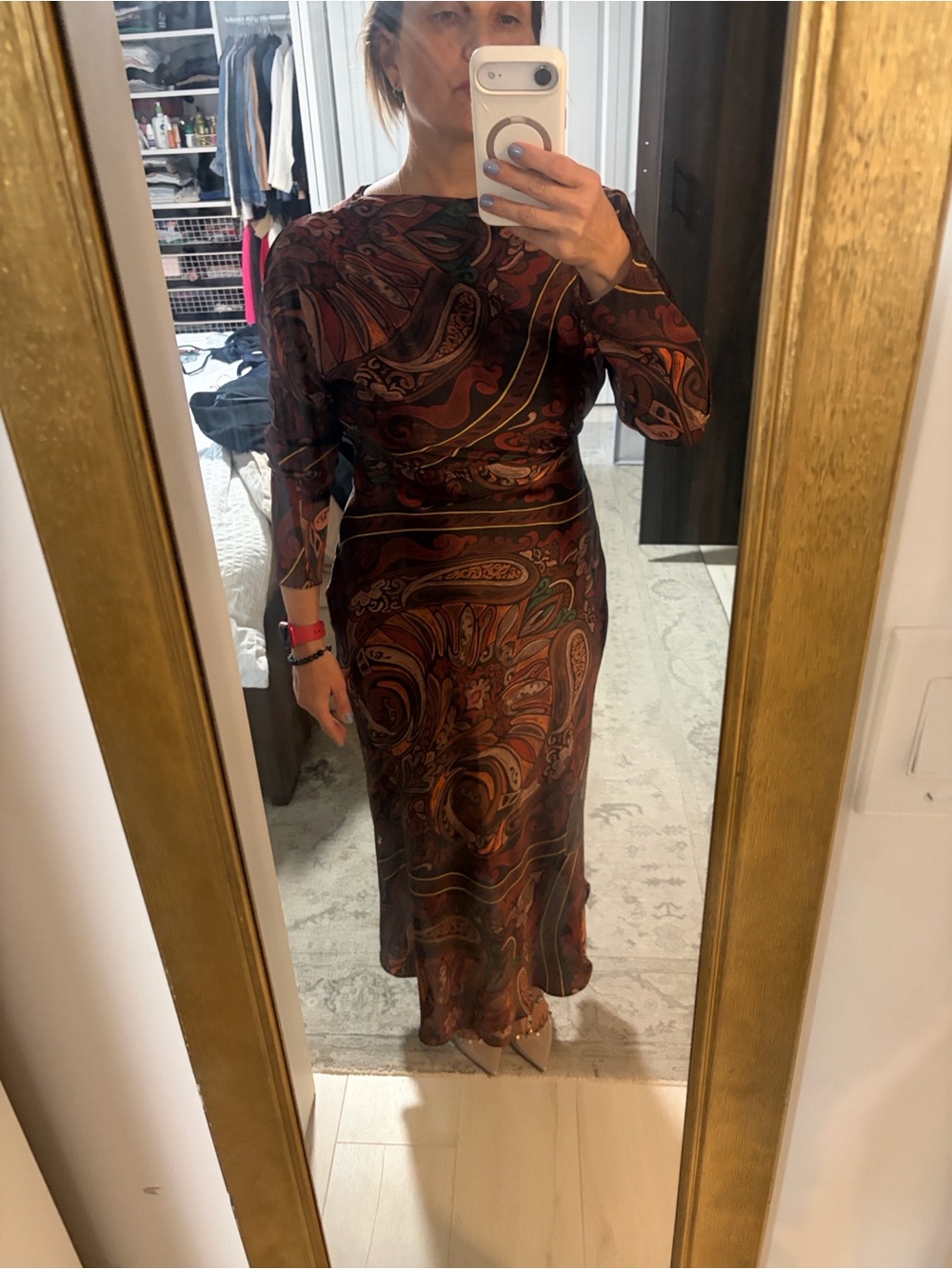 Zara Paisley Long-Sleeve Midi Dress in Brown and Rust Tones S